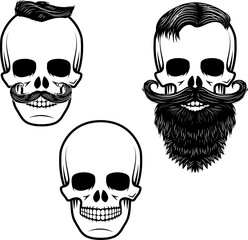 Set of skulls with mustache and beard. Retro vector design graphic element, emblem, logo, insignia, sign, identity, logotype, poster. T-shirt print design template. Vector illustration.