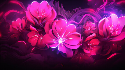 Pink Neon Abstract background with flowers. Generative Ai