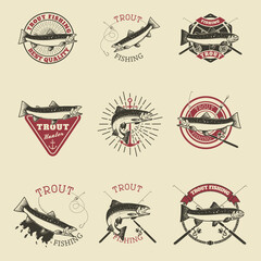 Set of trout fishing labels. Fishing club, team emblems templates. Vector illustration.
