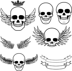 biker theme labels. skulls with wings.