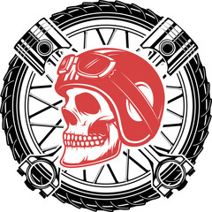Born to ride. Skull in motorcycle helmet on background with wheel and crossed pistons. Design element for t-shirt print, poster, emblem. Vector illustration.