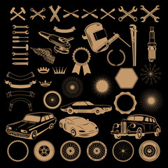 Car service logo generator. Set of design elements for car service, car wash, auto parts store, car rental, vintage cars store. Vector design elements isolated on black background..