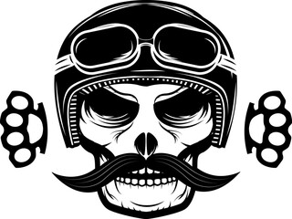 Freedom spirit. Skull with moustache in motorcycle helmet. T-shirt print template. Design element in vector.