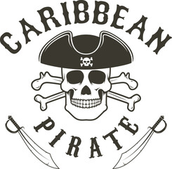 Caribbean pirate.  Pirate skull in admiral headdress and swords. Design element for logo, label, emblem, sign. Vector illustration.