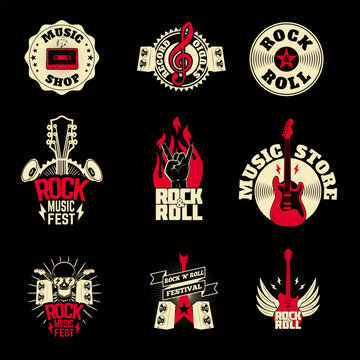 music labels set on grunge background. Design elements for logo, label, emblem, sign. Vector illustration.