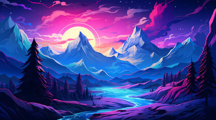 Hand drawn cartoon beautiful night snow mountain landscape illustration

