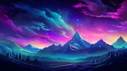 Fototapeta na wymiar Hand drawn cartoon beautiful night snow mountain landscape illustration 