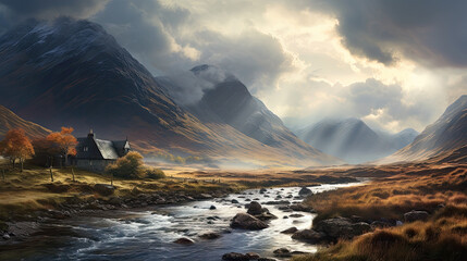 Stunning valley of Glencoe during epic weather conditions and light. Lovely cottage near river. Beautiful scenery and countryside. Dream place for living. - obrazy, fototapety, plakaty
