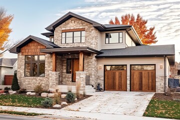 Contemporary Design: Charming Brand New House with Single Car Garage and Sandstone Siding, generative AI