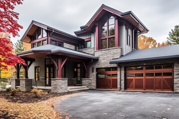 Captivating Avant-Garde Dwelling with Three-Car Garage, Maroon Siding, and Natural Stone Accents, generative AI