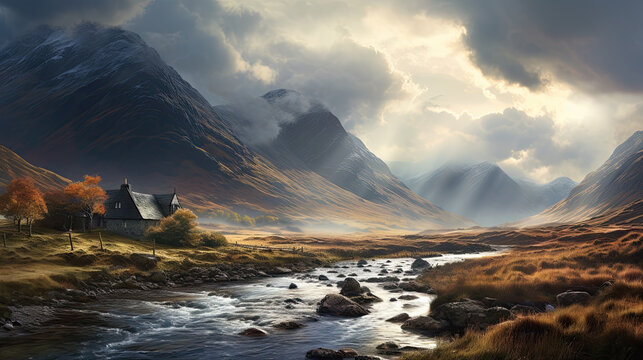 Stunning valley of Glencoe during epic weather conditions and light. Lovely cottage near river. Beautiful scenery and countryside. Dream place for living.