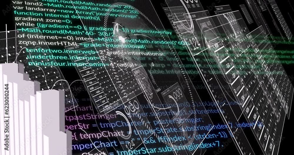 Poster animation of financial data processing on screens over black background