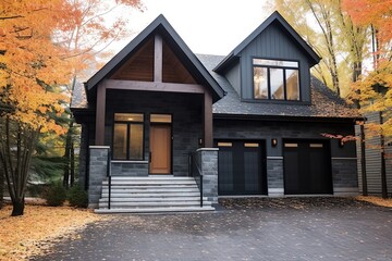 Double Garage and Open Concept Shine in Chic New Home with Dark Gray Siding and Natural Stone Pillars, generative AI