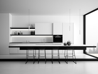 A Kitchen with Minimalist Clean Lines and Contrasting Black and White Colors | Generative AI