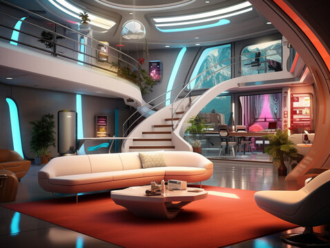 A Futuristic Interior with Clean Lines Metallic Surfaces and Pops of Vibrant Colors | Generative AI