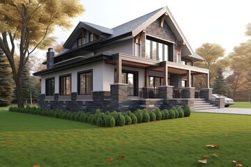 Fototapeta na wymiar Chic Double Garage Open Concept House with Green Siding and Natural Stone Pillars, generative AI