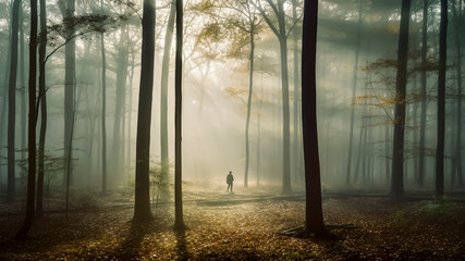 Silhouette of a man walking through a foggy forest.