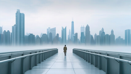 Solitary Businessman on Bridge Amidst City Fog. Urban Mystery, Lone Journey, Corporate Endeavor, Mysterious Atmosphere.
