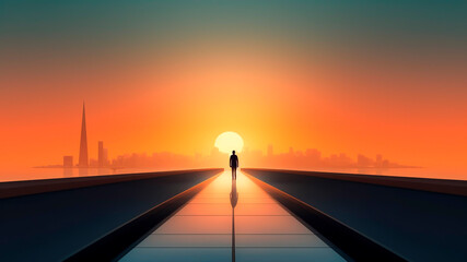 Silhouette of a man walking on the bridge leading to the sun.