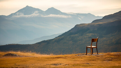 Solitary Chair Overlooking Mountain Sunset. Peaceful Contemplation, Beautiful Nature, Scenic Solitude.