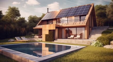 Fototapeta na wymiar photovoltaic solar panels in modern house roof. Alternative and Renewable energy concept, generative AI