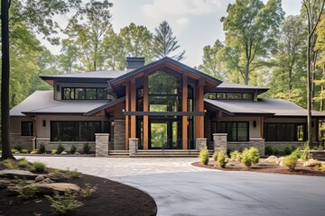 Fototapeta premium Cutting-Edge Aesthetic: Classic New Build Property with Three-Car Garage, Forest Green Siding, and Natural Stone Accents, generative AI