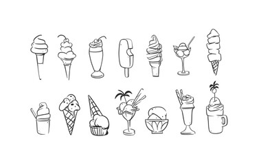 Hand drawn vector abstract cartoon ice creram cone,sundae line art illustration set.Ice cream dessert vector illustration design concept. Sweed food ,ice dessert cute doodle illustration isolated. - 623000842