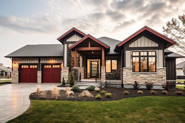 Fototapeta na wymiar Contemporary Design with Natural Stone Accents: Elegant Newly Built Home with Three-Car Garage and Red Siding, generative AI