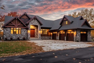 Contemporary Design shines in Elegant Newly Built Home with Three-Car Garage, Burgundy Siding, and Natural Stone Accents, generative AI - obrazy, fototapety, plakaty