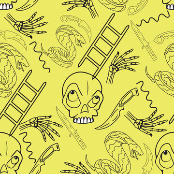 seamless pattern with hand-drawn illustrations.
scary skull, snake seamless, vector pattern