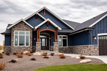 Elegant Newly Built Home with Contemporary Design, Three-Car Garage, and Dark Blue Siding with Natural Stone Accents, generative AI - obrazy, fototapety, plakaty