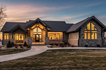 Fototapeta na wymiar Contemporary Design: Elegant Newly Built Home with Three-Car Garage, Mint Green Siding, and Natural Stone Accents, generative AI