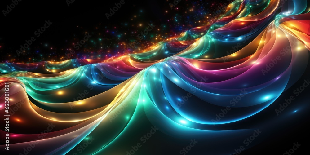 Poster An abstract image of a wave of colored lights. Generative AI image.