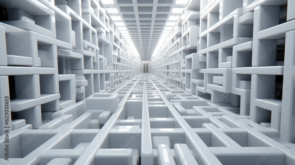 Poster a maze in the middle of a large room. generative ai image.