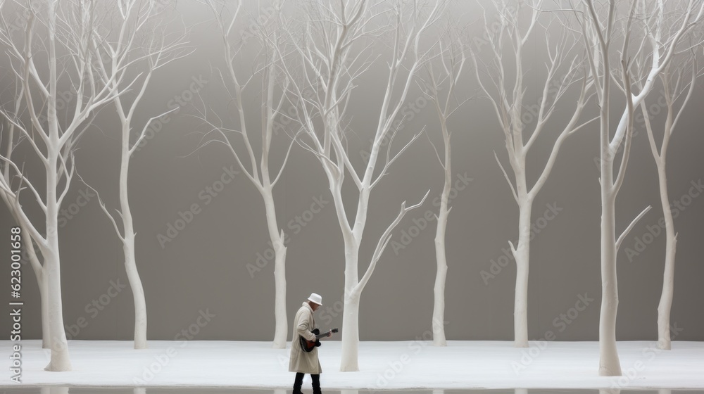 Poster a person standing in front of a group of trees. generative ai image.