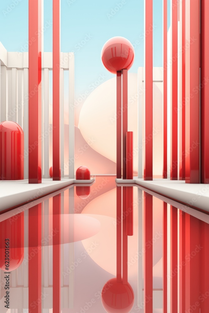 Poster a room with red and white columns and a mirror. generative ai image.