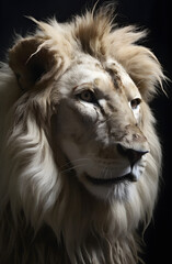 Close up of a white lion head isolated on black background