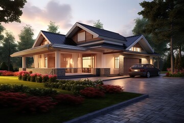 Exclusive New Development House: Innovative Styling with Double Garage and Pink Siding Complemented by Natural Stone Elements, generative AI