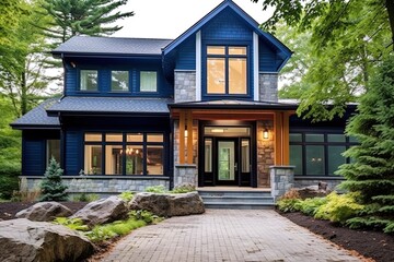 Obraz premium Enchanting Double Garage House with Sleek Styling, Indigo Siding, and Natural Stone Porch - A Stunning New Build, generative AI