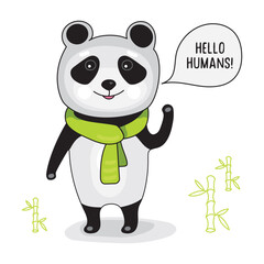 Cute funny panda in a scarf stands on two paws and says Hello