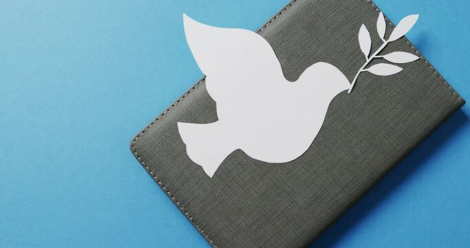 Close up of white dove with leaf on grey notebook and copy space on blue background