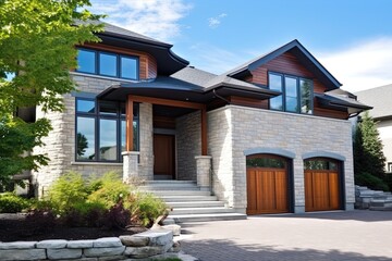 Fototapeta na wymiar Avant-garde Design: Gorgeous Fresh Construction Residence with Double Garage, Sky Blue Siding, and Natural Stone Embellishments, generative AI