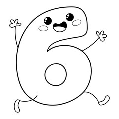 Illustration in black and white of number six in Kawaii style smiling and waving raised arms, coloring page, clipart
