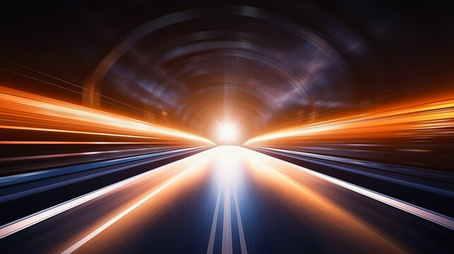 Speeding motion blurred in tunnel. powerful of abtract light trails. 3d render.