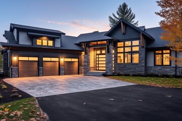 Naklejka premium Cutting-Edge Architecture: Luxurious Brand New Home with a Gray Siding, Natural Stone Facade, and Two-Car Garage, generative AI
