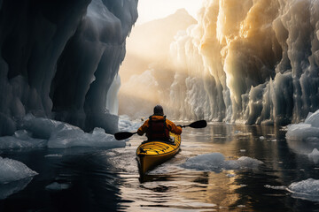 Extreme adventure winter kayaking in antarctica,  kayaking tourism in north,  kayak between icebergs, AI Generative