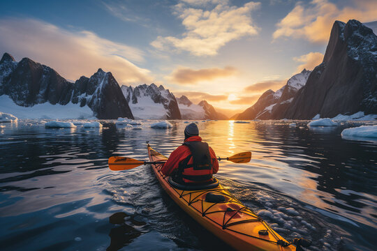 Extreme adventure winter kayaking in antarctica,  kayaking tourism in north,  kayak between icebergs, AI Generative