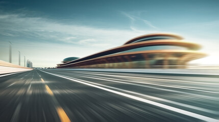 Obraz premium Motion blurred asphalt highway and modern city background. 3D rendering