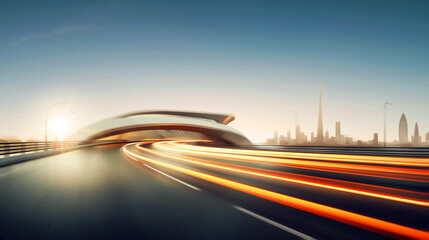 Modern urban road with high speed motion blur. 3D rendering.