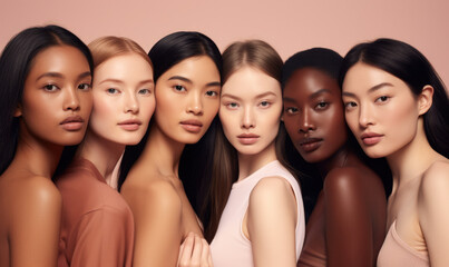 Face portrait, beauty and group of women in studio on gray background. Cosmetics, makeup and diversity of female models with glowing and flawless skin